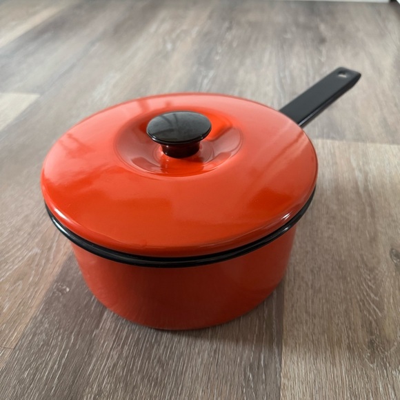 Other - 1970s Enamel Orange Stovetop Pot with Lid Medium Size